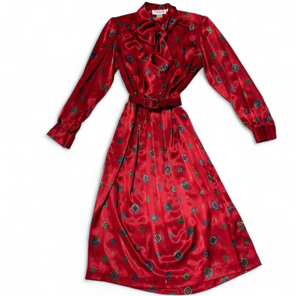 VINTAGE Talbots Belted Scarf Dress Red Valentine's Bohemian Paisley sz 4 Petite‎